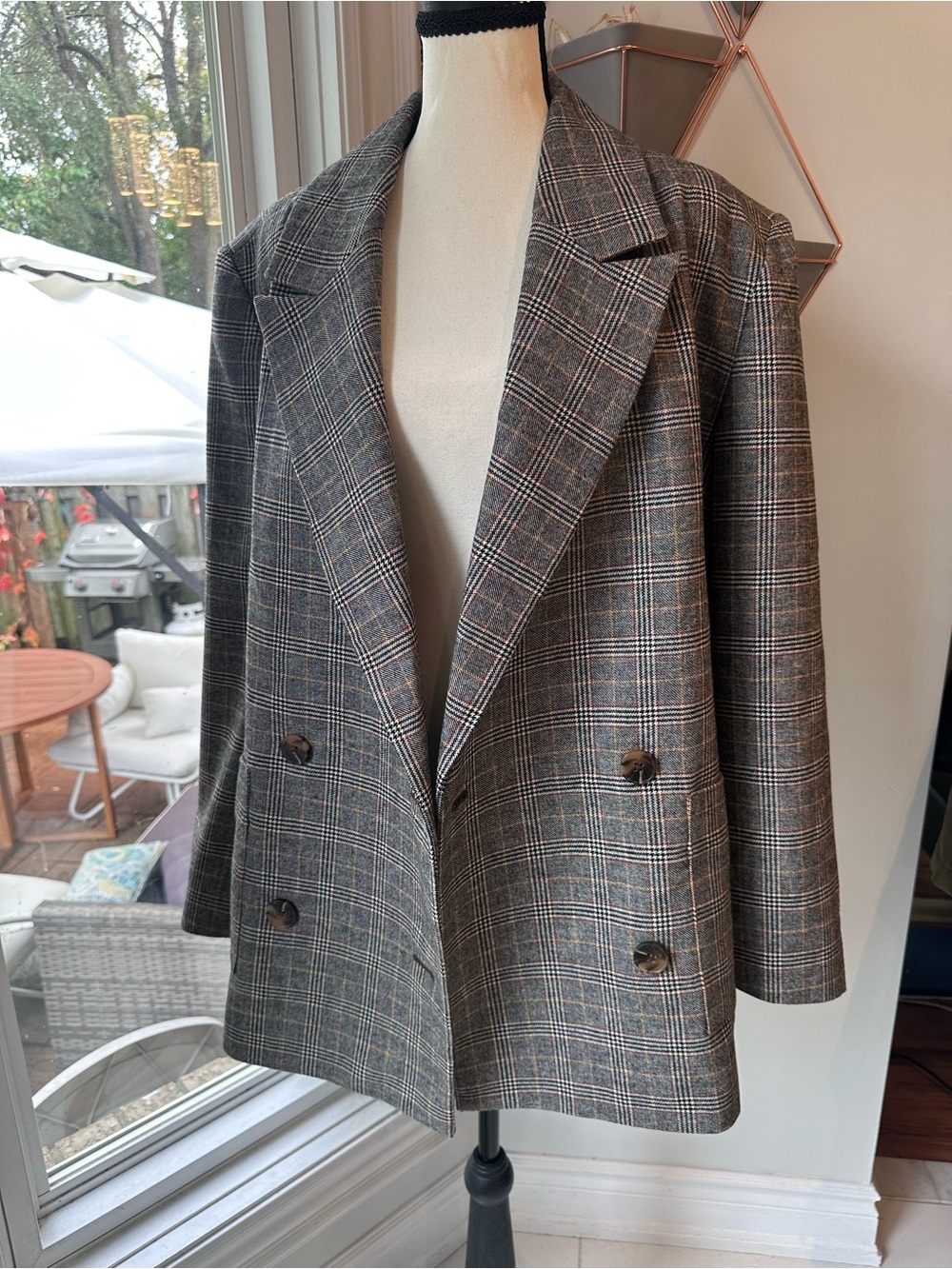 HUDSON NORTH HBC Double-Breasted Plaid Oversized Blazer Jacket Gray/Brown Large